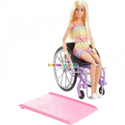 Barbie modelka 194 na invalidním vozíku v kostkovaném overalu
