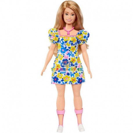 Barbie fashionistas modelka 208 šaty s modrými a žlutými květinami